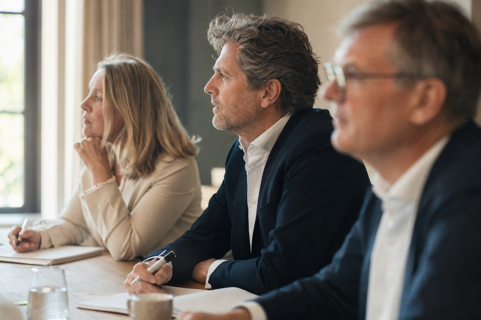 Deelnemers luisteren en maken aantekeningen tijdens een sessie