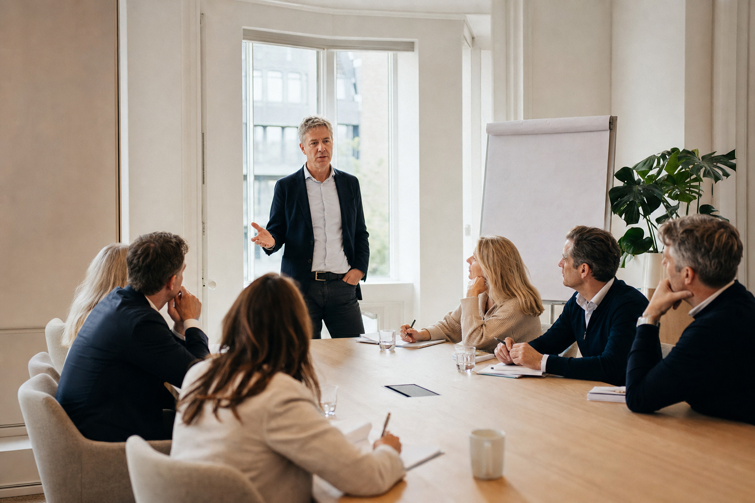 Een werksessie met een directie en managementteam rond een grote tafel