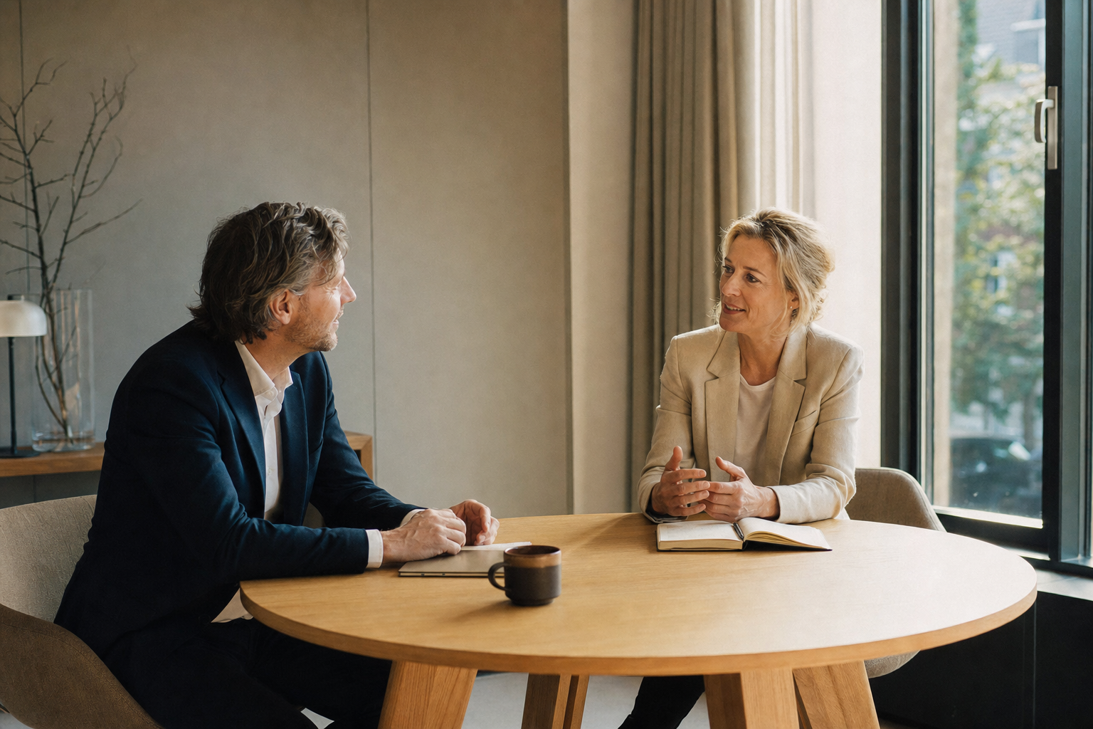Twee mensen in gesprek aan een tafel bij het raam
