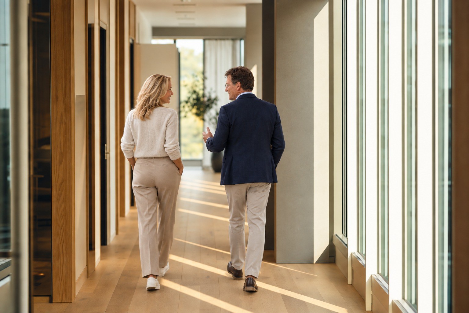 Twee collega's van The Sixth Seat in gesprek onderweg door een kantoor