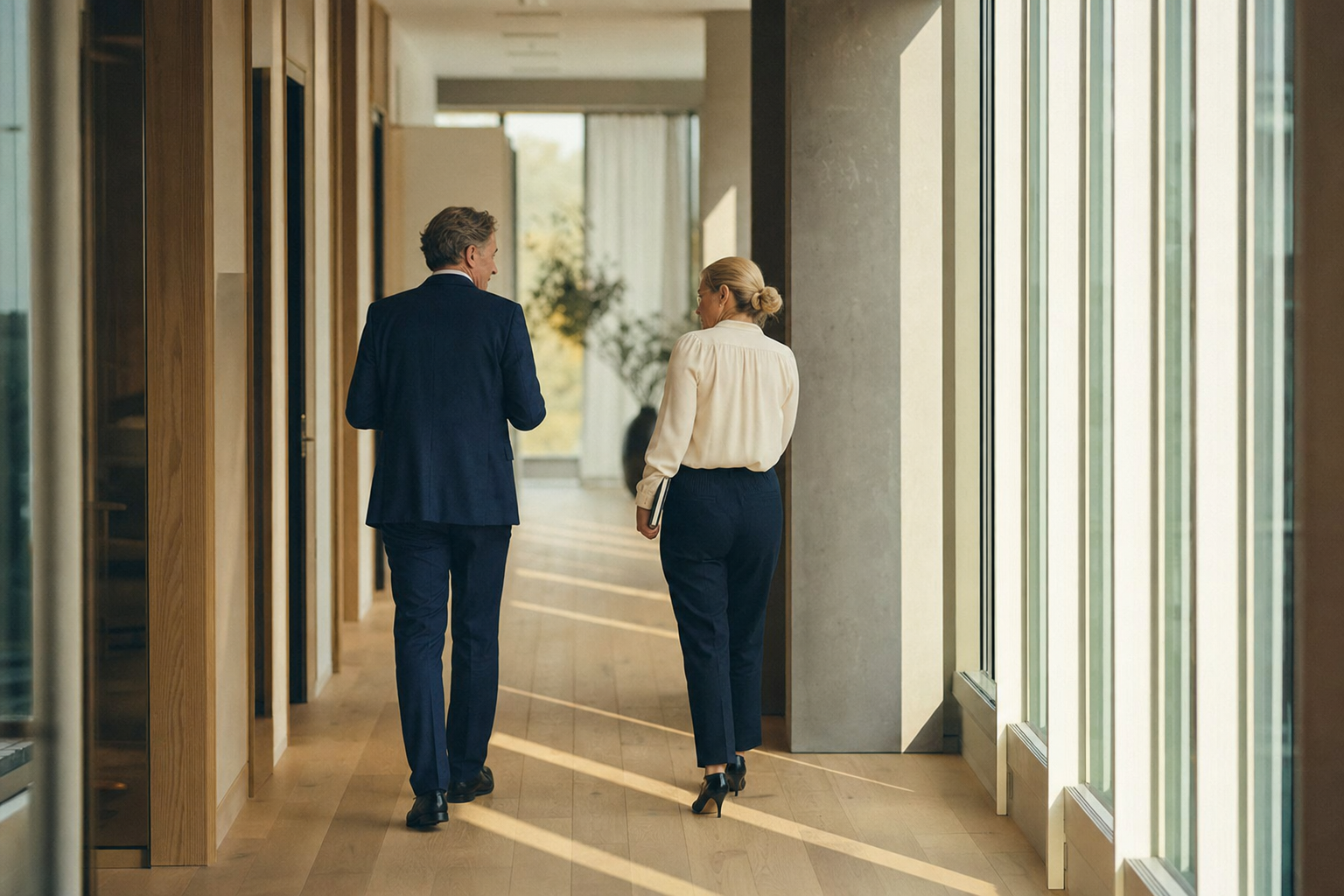 Twee collega's in gesprek onderweg door een kantoor
